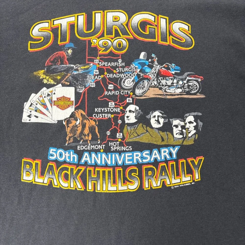 VTG Harley Davidson Sturgis 1990 50th Anniversary T Shirt Faded Black Large PA - Picture 2 of 7